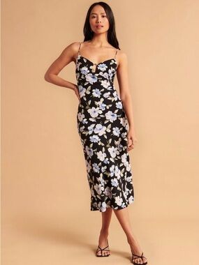 Abercrombie & Fitch Black Floral Slip Midi Dress Satin Feel Keyhole Medium